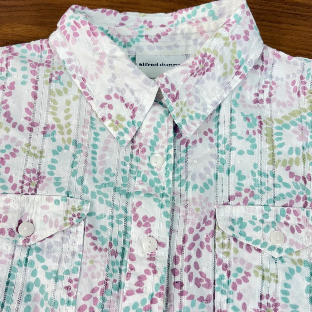 Alfred Dunner Sz14 Short Sleeve Button Up‎ Shirt Paisley Dot Cotton White Pastel